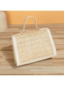 1pc Girls Mini Faux Woven Flap Top Handle Bag, Crossbody Bag, Suitable For Daily Use, Vacation, Ideal Gift - Beige - View 4
