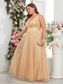 Đầm phù dâu dáng chữ A không tay cổ chữ V, đính sequin, phối lưới, cỡ lớn, thích hợp cho tiệc cưới, lễ tốt nghiệp, dạ hội, tiệc tối trang trọng mùa xuân. - Vàng - Xem 6
