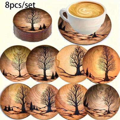 8/160件套2D仿木纹杯垫，适用于庭院、厨房、客厅、家庭聚会餐桌装饰，可作为礼物赠送亲朋好友，也适合情人节、婚礼、生日、派对等场合，是家居装饰的理想之选。