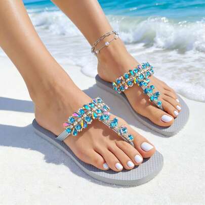 Bohemian Chic Luxury Blue Rhinestone T-Strap Sandals - Summer Beach Holiday Shoes - Party Banquet Versatile Shoes - Essential For Outdoor Travel And Photo Shoots