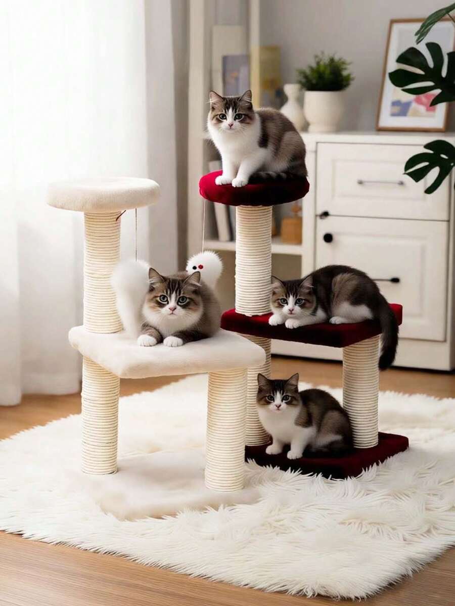 1pc Three-Tier Cat Climbing Frame Linen Braided Columns Felt Base Cat Claw Grinding Toy Cats Climb Treehouses Frame Interactive Cat Scratching Post With Hanging Mouse Hard-Wearing Cat Supplies - Multicolor - View 1
