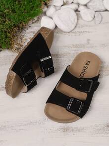 Summer New Kids Anti-Slip Soft Bottom Double Buckle Minimalist Fashion Flat Slippers Beach Sandals, Suitable For Beach Vacation - Black - View 2