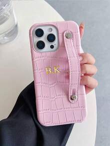 Personalized Customization Name Luxury Imitation Crocodile-Patterned Leather Wristband Phone Cover, Compatible With Apple 17 16 15 14 13 12 11 Pro, Great Gift For Valentine's Day, Birthday, Holiday, Men & Women, Anniversary, Wedding, Parents (PU Leather, Foil Print) - Royal Blue - View 3