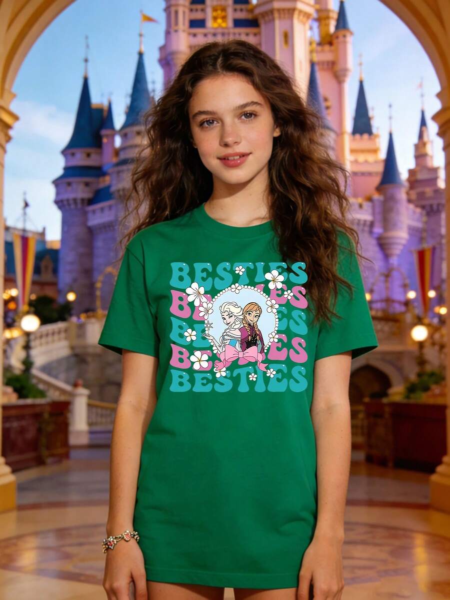 Disney Authorized Women's Casual Short Sleeve T-Shirt, Frozen & Anna "BESTIES" Print, Cute Sweet Girl Style, Breathable Comfortable Fabric, Machine Washable, Versatile For Daily Wear & Theme Park Outfits - màu xanh lá - Xem 1