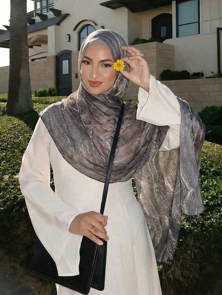 1条女士休闲围巾，波西米亚风大理石纹/扎染印花头巾，适合日常搭配长袍