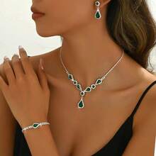 4件套时尚百搭奢华水晶水滴项链耳环首饰套装，适合婚礼佩戴 - 1662796綠色套裝 - 查看 2