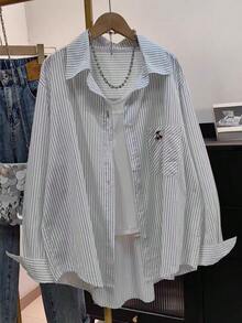 Women's Solid Color Pocket Embroidery Button Casual Shirt Summer - White Cherry - View 4