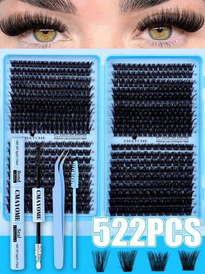 CMAYOME 612/576/522 Pcs D-Curl Eyelash Glue Set - Individual False Eyelashes - Large Capacity - 8 Pcs Mixed Set - 16mm Set Includes Eyelash Glue And Sealant, Eyelash Curler And Eyelash Brush. DIY False Eyelash Kit - Natural Look, Thick, Ultra Soft, Ultra Light. Reusable Individual Lash Set