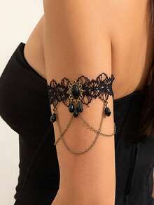 1pc Metallic Glossy Water Drop Bangle, Fashionable Black Lace Sexy Arm Cuff Bracelet - Black - View 2