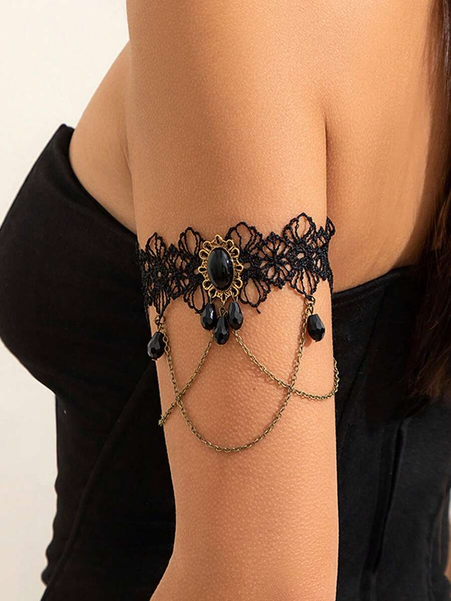 1pc Metallic Glossy Water Drop Bangle, Fashionable Black Lace Sexy Arm Cuff Bracelet