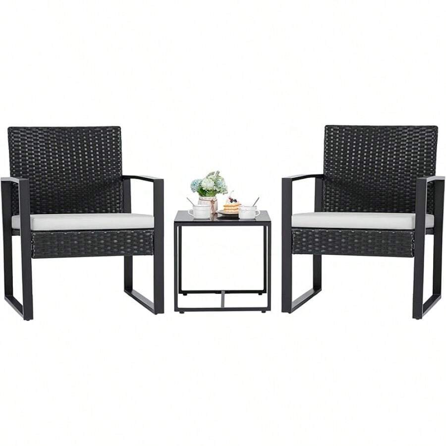 3 Pieces Outdoor Patio Wicker Furniture Set, Modern Rattan Chair Conversation Sets With Coffee Table For Yard And Bistro - 白色 - 查看 1