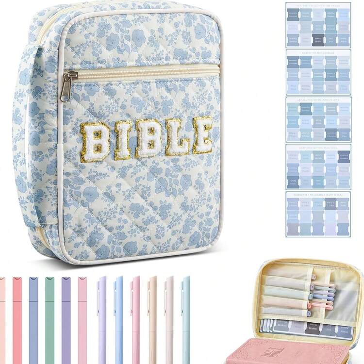 Juego de Biblias de gran tamaño para mujeres, con asa duradera, bolsa de transporte acolchada para Biblias, adecuada para suministros de estudio bíblico para niñas (solo la bolsa, sin incluir bolígrafo, cuaderno y notas adhesivas) - Multicolor - Añade 1