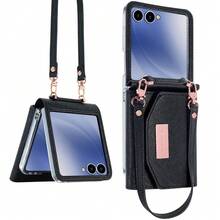 Ốp lưng điện thoại giả da tương thích với Galaxy Z Flip 3/4/5/6/7, có khe đựng thẻ, dây đeo, ví, vỏ bảo vệ kèm dây đeo cổ tay cho Flip3/Flip4/Flip5/Flip6 - màu đen - Xem 2