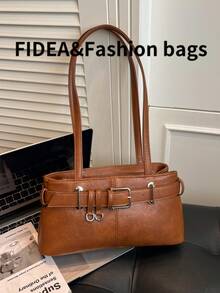 Túi xách nữ thời trang mới, màu trơn tối giản, chất liệu PU, kiểu dáng cổ điển thanh lịch, phù hợp cho hẹn hò, mua sắm, đa năng, kèm móc khóa. - màu nâu - Xem 9