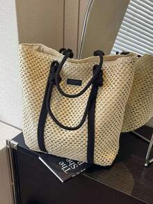 INS Hollow Paper Rope Large Capacity Woven Bag, One Shoulder Straw Bag, Handbag, Commuter Tote Bag, Beach Bag, Portable - Beige - View 11