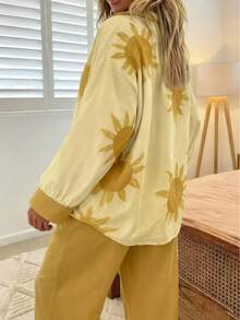 2pcs/Set Boho Sun Print Outfit: Long Sleeve Beige Button Down Shirt + Mustard Wide Leg Pants Set For Women Casual Summer Vacation Summer Resort, Beach Vacations & Boho Chic Clothes - 彩色 - 查看 2