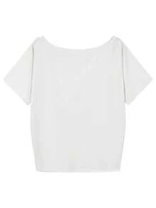 Women's Off-Shoulder White Short Sleeve T-Shirt, High Elasticity Regular Polyester Casual/Office Wear Top - White - View 5