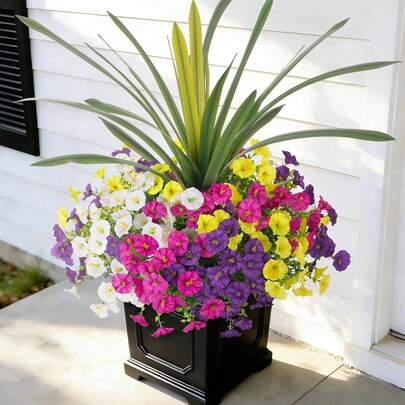 1束仿真户外花卉，12朵丝质紫罗兰花，配以桉树叶和兰花叶，抗紫外线，逼真仿真，适用于门廊、花盆、花园、庭院