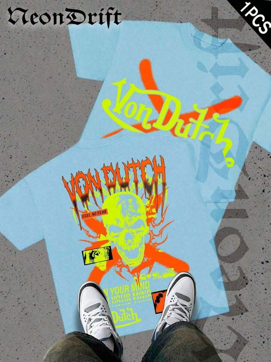 SummerNeonDrift Street Double-Sided Printing Cotton T-Shirt 100% Cotton Fabric Unisex Style-Men T Shirt Skull Graphic Print Neon Yellow Orange Cross Design Streetwear Fashion Casual Wear For Urban Style Fans Hip Hop Look Breathable 100 Cotton Comfortable FitLoose And Comfortablesummer Clothes - 淺藍色 - 查看 1