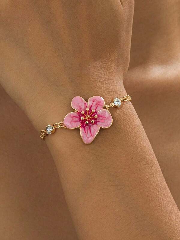 1pc Fashionable Rhinestone Embellished Vintage Romantic Handmade Enamel Gradient Tie Dye Pink 5-Petal Flower Bracelet For Women