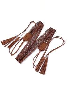 1pc Western Women Tassel Decor Flower Pattern Fashion Belt Coats And Dresses Boho Halloween Summer, School Fall, Autumn, Halloween - Black - View 3