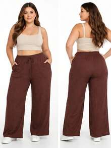 Women's Plus Size Boho Casual Wide-Leg Pants With Drawstring Pockets For Everyday Wear - Coffee Brown - View 3
