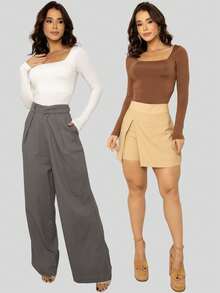 Kit 2 Blouse Long Sleeve Elegant Low-Cut Cold Second Skin - Trắng và Nâu - Xem 10