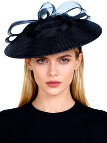 HIMESPORT Elegant Fascinator Hat | Wedding Derby Cocktail Straw Wide Brim | Women's Vintage Formal Church Tea Party Dress| Summer Beach Mother Bride Hats - Solid Color - View 20