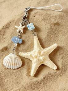 1 chiếc móc khóa trang trí hình cá nhỏ kiểu đại dương, hình sao biển và vỏ sò, phụ kiện điện thoại đa năng, mặt dây chuyền túi xách du lịch - Xanh và trắng - Xem 7