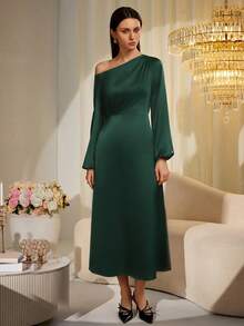 Elegant Jade Green Satin One-Shoulder Maxi Dress, Suitable For Spring Formal Events And Parties Party - Green - View 6