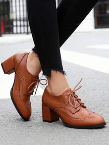 Women's Lace Up Brogue Oxfords Pumps Fashion Mixed Colors Patchwork Chunky Heels Round Toe Formal Dress British Style Shoes Woman - 棕色 - 查看 5