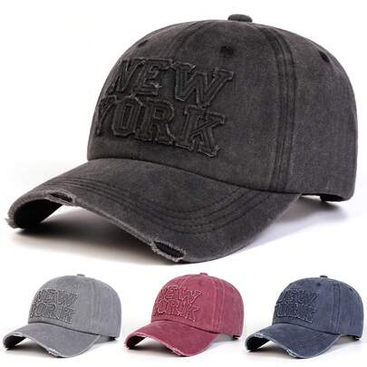 1 pieza Gorra de béisbol con bordado de Nueva York y efecto desgastado para hombres, ajustable, con protección solar para exteriores, ideal para primavera, otoño, viajes, playa y fiestas