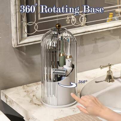 Dustproof Toothbrush Holders With Cover, Rotating Electric Toothbrush And Toothpaste Holder For Bathroom Countertop, 3 Slots Makeup Brushes Organizer, Grey White