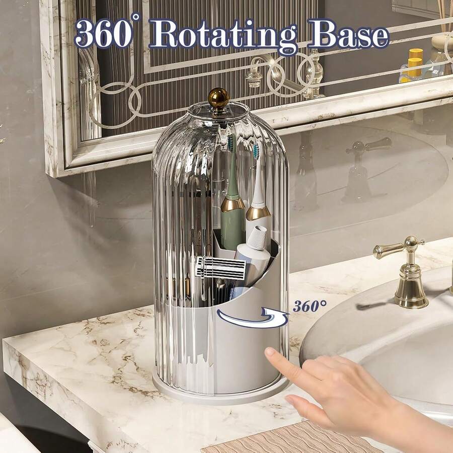 Dustproof Toothbrush Holders With Cover, Rotating Electric Toothbrush And Toothpaste Holder For Bathroom Countertop, 3 Slots Makeup Brushes Organizer, Grey White - Transparent - View 1