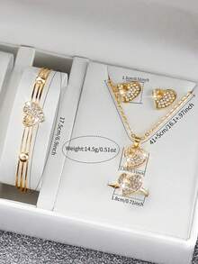 6件套女士礼品套装：方形罗马数字表盘石英表+心形水钻首饰套装（套装不含手表） - 金色 - 查看 5