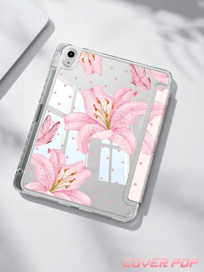 Pink Hawaiian Flower Flat Protective Case, Compatible With 10.2 2022 (10.9-Inch), 11 (A16) 2025 (11-Inch), Air 6 (M3) 2024 (13-Inch), Also Suitable For Samsung Galaxy Tab And Kindle Paperwhite 12th Gen 2024. Transparent Back Cover, Fashionable Pattern Protective Case, Supports Auto Sleep/Wake Function, With Air Cushion Protection, Suitable As A Gift Or Office Supply.
