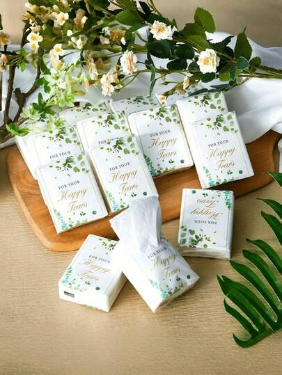 5/10/20 piezas de pañuelos faciales suaves decorados con hojas verdes "Lágrimas de felicidad", adecuados para compromisos, fiestas de bodas, ocasiones celebratorias, suministros de boda para novios y novias