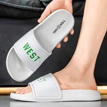 Fall/Winter Men White Letter Graphic Slides, Foam Slides For Daily Spring And Summer Slippers - Green - View 6