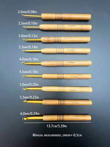 9pcs Bamboo Handle Carbonized Crochet Hooks, Handmade DIY Knitting Tools, Sweater Crochet Hooks With Aluminum Heads In 2.0mm, 2.5mm, 3.0mm, 3.5mm, 4.0mm, 4.5mm, 5.0mm, 5.5mm, 6.0mm - Round-handled Gold Crochet Hook - View 5