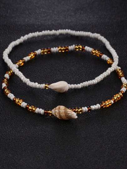2pcs/Set Bohemian Shell Bead Woven Ankle Bracelet Set For Beach Accessories