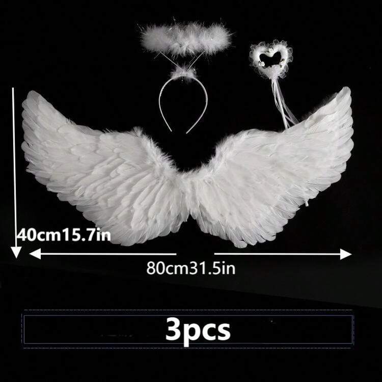 3件套天然羽毛白色天使翅膀，节日天使服装道具，适合摄影、舞台表演、角色扮演 - 白色 - 查看 2