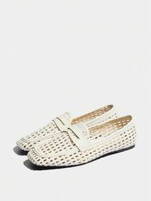 2026 Spring/Summer Plus Size Women's Vintage Woven Breathable Flat Loafers, Versatile White Hollow Square Toe Slip-On Commuter Shoes - White - View 7