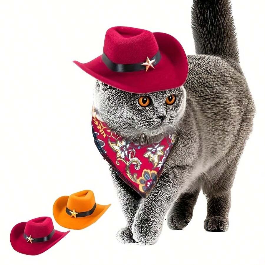 宠物牛仔帽套装，适用于猫咪和小型犬，西部宠物摄影道具，可调节 - 彩色 - 查看 1