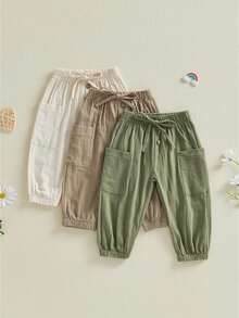 Unisex Baby Pants Pack Of 3 Toddler Boys Joggers Kids Girls Trousers Solid Color Elastic Waist Bottoms Soft Cotton Cargo Pants Casual Trousers - 綠色 - 查看 1
