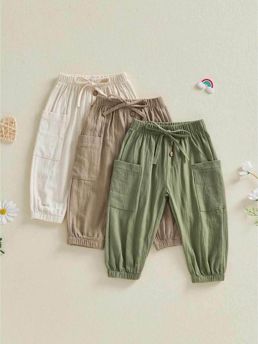 Unisex Baby Pants Pack Of 3 Toddler Boys Joggers Kids Girls Trousers Solid Color Elastic Waist Bottoms Soft Cotton Cargo Pants Casual Trousers - 綠色 - 查看 1