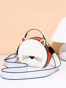 1pc Girls Cute Cat Round Handbag, Girly Crossbody Bag, Fashionable Wide Strap, Ideal Gift Choice - Beige - View 3