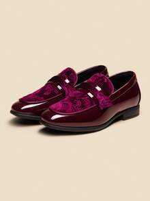 Boys Dress Shoes Slip-On Loafers Tuxedo Patent Classic Velvet Shoes(Runs Small, Please Order One Size Up) - 酒紅色 - 查看 3