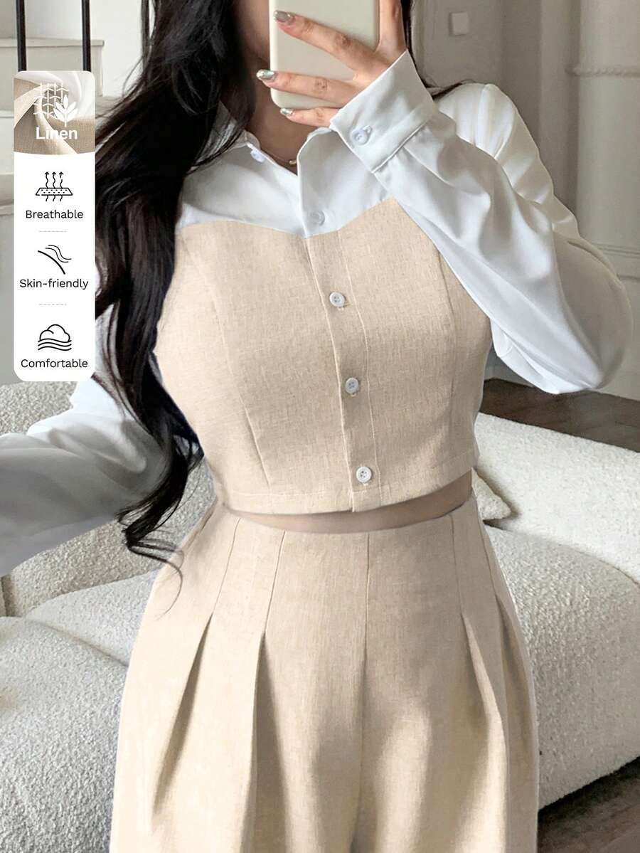 abyoxi 女士杏色和白色撞色领长袖单排扣短款衬衫，休闲通勤日常简约办公穿搭，适合秋冬季穿着 - 杏色 - 查看 1