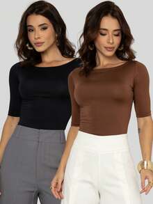 Kit 2 Women's Canoe Blouses Short Sleeve Basic Suplex Casual - Black and Brown - View 7