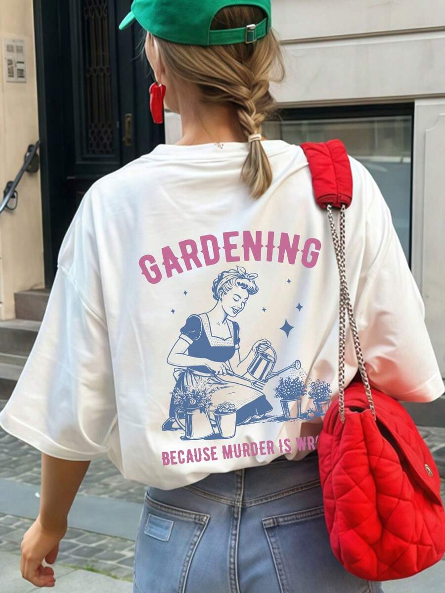 1pc Women's Summer Round Neck Short Sleeve T-Shirt, Gardening Lover & English Letter Print Pattern, Suitable For Vacation, Office, Outing, Daily, Date, Party, Gathering, Street, Valentine's Day, Party Occasion Elegant T-Shirt - White - View 1